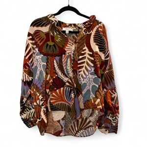 CeCe abstract botanical print blouse XL boho rayon long sleeve top